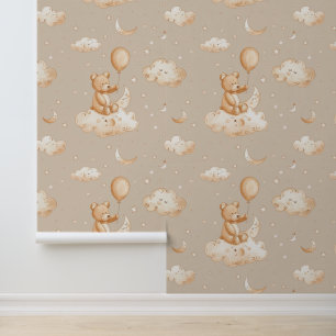 Papier Peint Boho Nursery Teddy Bear avec ballon sur un nuage