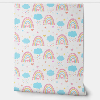 Papier Peint Boho rainbow pattern with clouds pastel Nursery