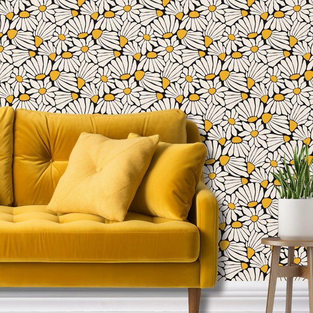 Papier Peint Boho retro jaune botanique abstrait floral (Modern block print daisy floral wallpaper with a retro vibe in black, mustard yellow and cream.)