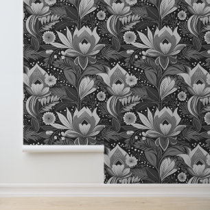 Papier Peint Boho Retro Vintage Niveaux de gris Floral Grand
