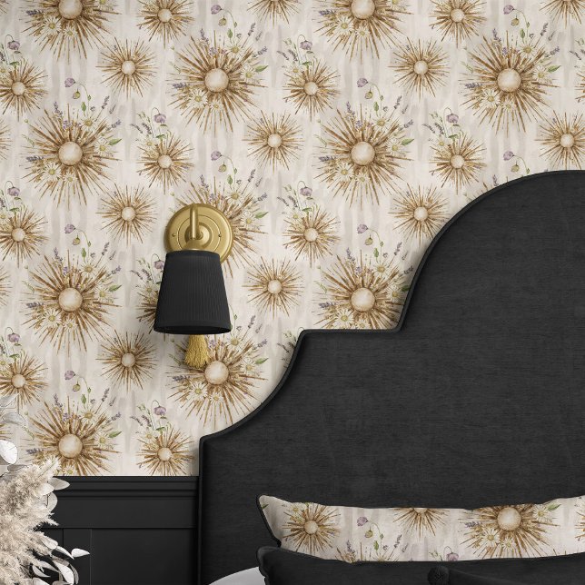 Papier Peint Boho Sunburst et floral beige lavande (Créateur téléchargé)