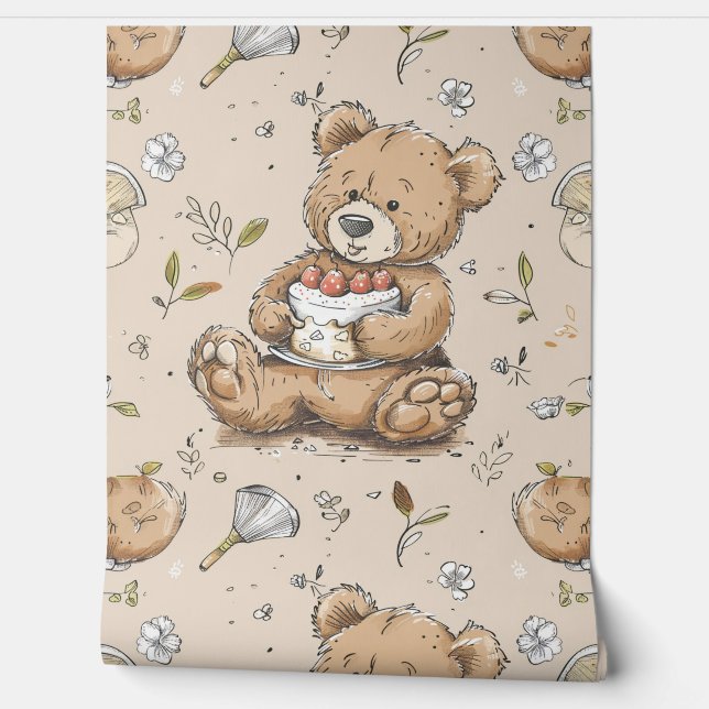 Papier Peint Boho Teddy Bear Motif Baby Nursery Room (Déroulement)