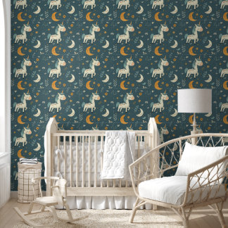 Papier Peint Boho unicorn conception pépinière, vert foncé muet