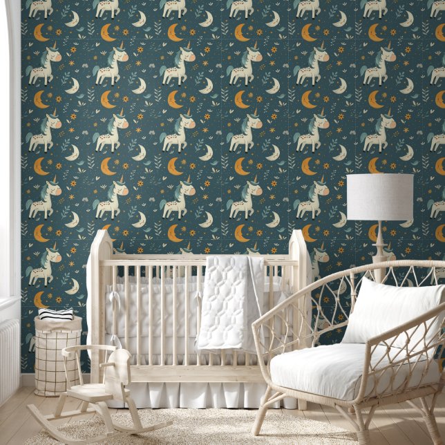 Papier Peint Boho unicorn conception pépinière, vert foncé muet (Enfants)
