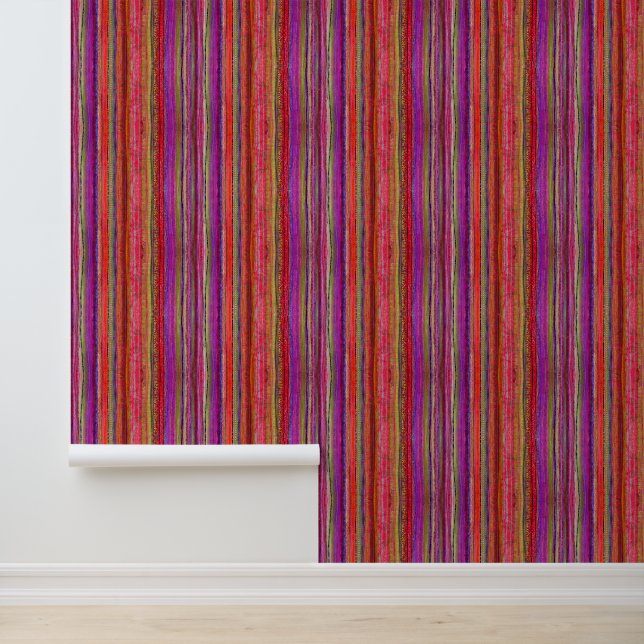 Papier Peint Boho Vintage Rouge Violet Rayures -  (Application)