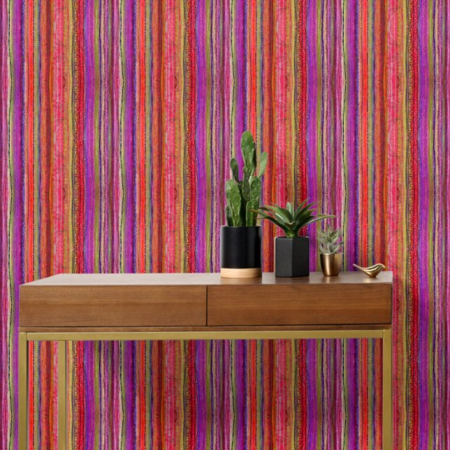 Papier Peint Boho Vintage Rouge Violet Rayures -  (Créateur téléchargé)