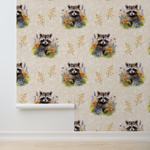 Papier Peint Bois Animaux Baby Raccoon Fleurs sauvages Crème