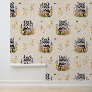 Papier Peint Bois Animaux Baby Wolf Cub Crème florale