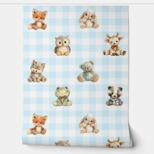 Papier Peint Bois Animaux Jouets Blue Plaid Baby Boy Nursery