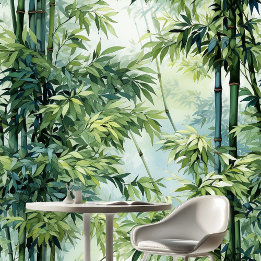 Papier Peint Bois de Bambou Verdure Aquarelle Foliage Nature