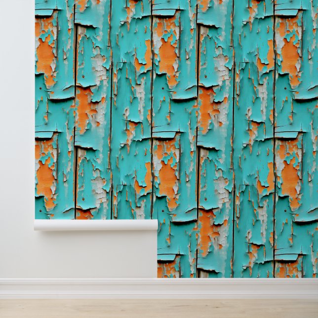 Papier Peint Bois Patiné orange et bleu turquoise (Application)