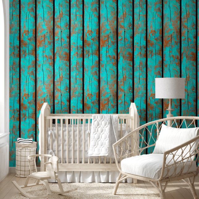 Papier Peint Bois rustique - planches de pays brun turquoise (Enfants)
