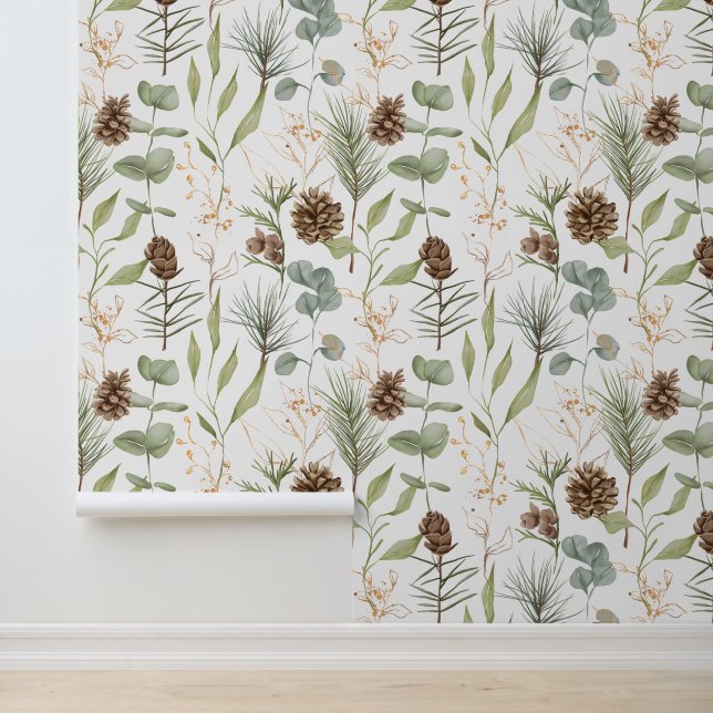 Papier Peint Bois rustique Verdure & Pinecones (Application)