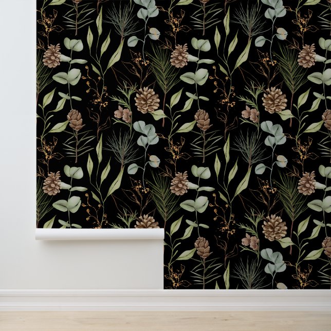Papier Peint Bois rustique vert & Pinecones sur noir (Application)