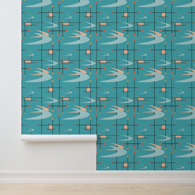 Papier Peint Boomerangs modernes du milieu du siècle, Turquoise (Application)