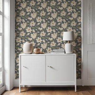 Papier Peint Botanique Bleu Gris Beige Lily Motif Floral