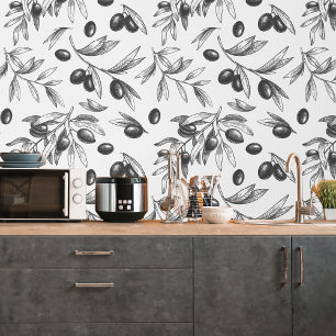 Papier Peint Botanique Branche d'Olivier Noir Motif Cuisine