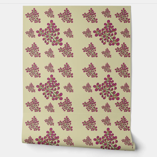 Papier peint botanique feuille vert et magenta mod (Déroulement)