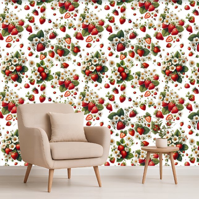 Papier Peint Botanique Floral de Fraisier pour Cot (Strawberry Floral Botanical Cottage Wallpaper)