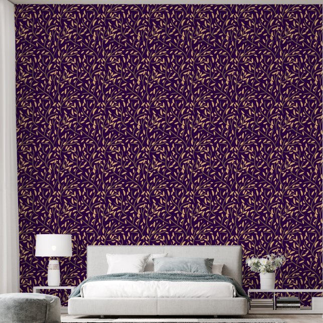 Papier Peint Botanique Violet Vignes Feuilles Brown Beige (Chambre à coucher)
