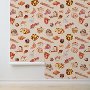 Papier Peint Boulangerie fine illustrations beignes gâteau de p