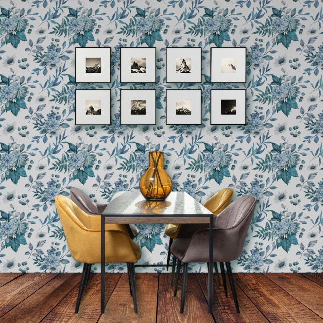 Papier Peint Bouquet bleu de fleurs et motif de feuillage (Créateur téléchargé)