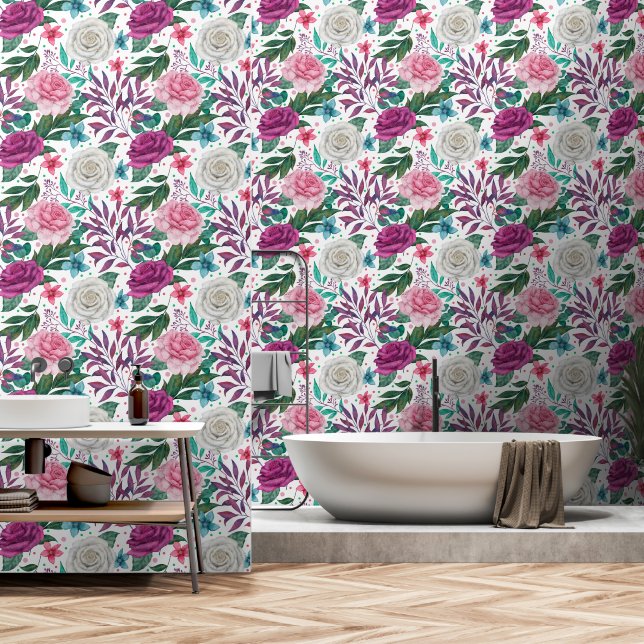 Papier Peint Bourgogne rose rose sur blanc (Salle de bain)