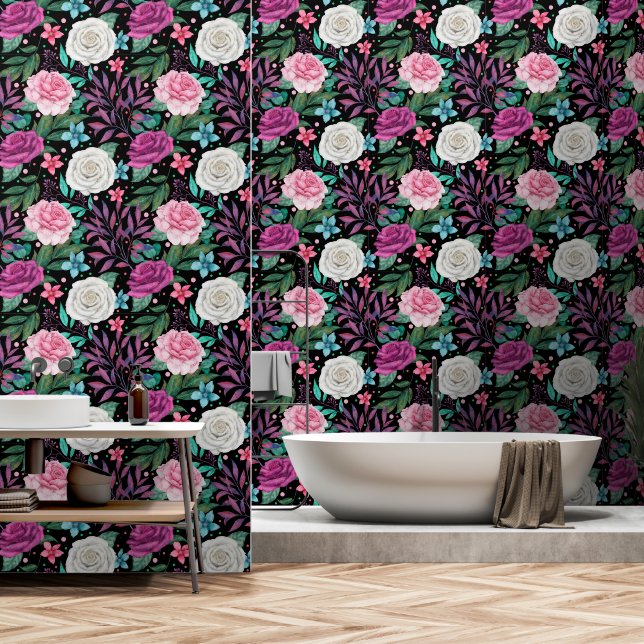 Papier Peint Bourgogne rose rose sur noir (Salle de bain)