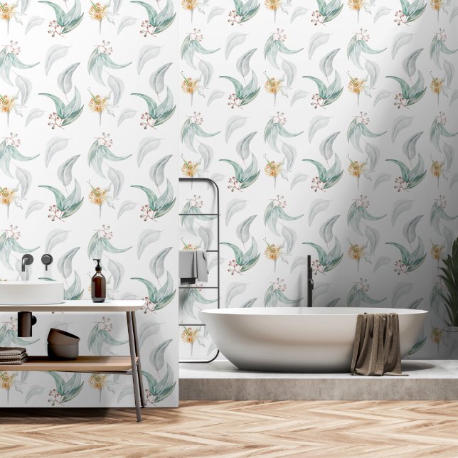 Papier Peint Branches de menthe eucalyptus Art aquarelle (Salle de bain)