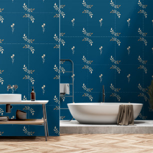Papier Peint Brown Floral Line Art on Blue Ocean : Peel & Stick