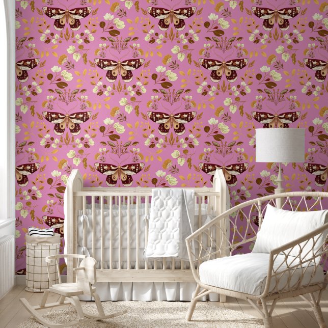 Papier peint Brown Moth & Floral sur rose (Enfants)