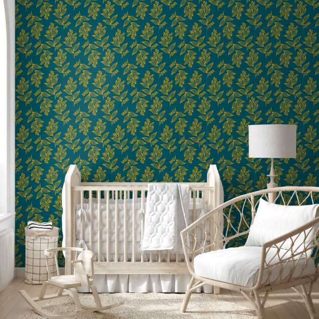 Papier Peint Brown or Fleur Botanique foncé Turquoise Floral (Enfants)