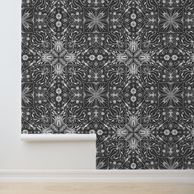 Papier Peint Bugs, blanc cassé sur noir (Application)