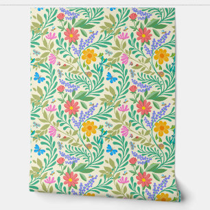 Papier Peint Bugs Mignons Funny Floral Printemps Été Pastel Jau