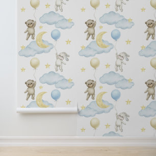 Papier Peint Bunny Bear Balloons Lune Star Cloud Baby Boy