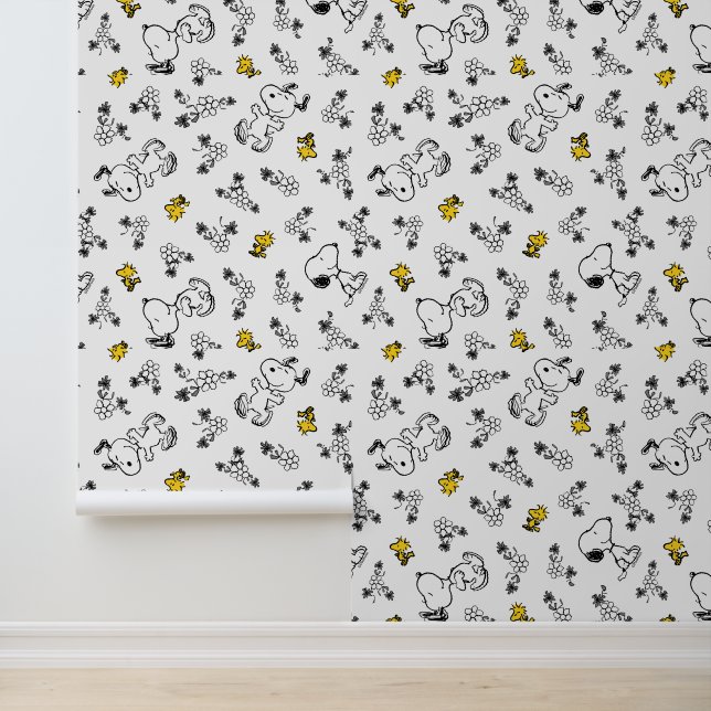 Papier Peint cacahuètes | Snoopy & Woodstock B&W Flower Motif (Application)
