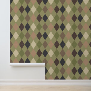 Papier Peint Camouflage Moderne Vert et Brun à Motif Diamant