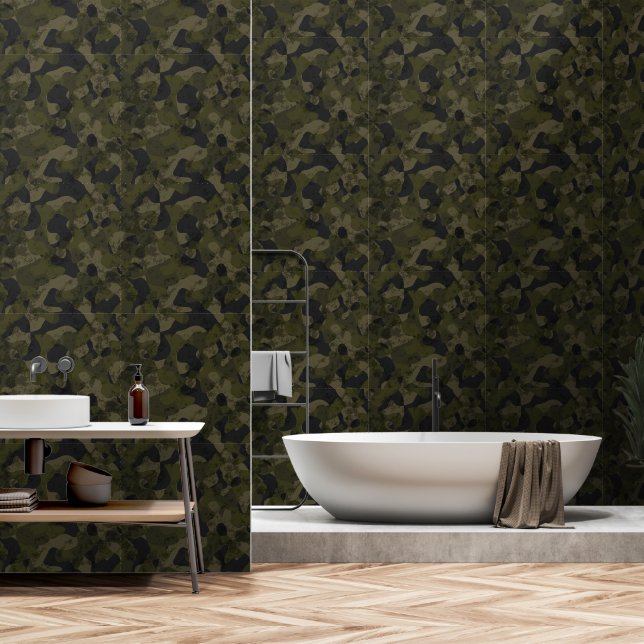 Papier Peint Camouflage Vert Foncé Abstrait (Salle de bain)