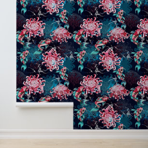 Papier Peint Carpes Koï Japonais & Chrysanthèmes Rouges Tiel Bl