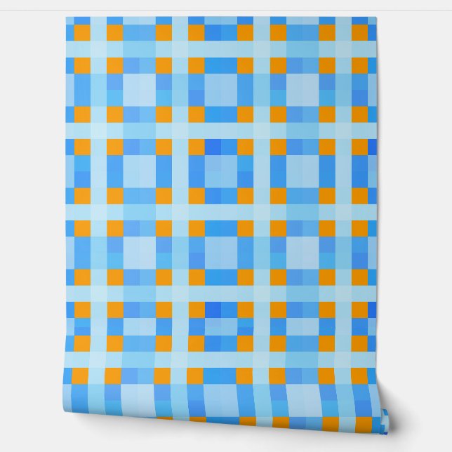 Papier Peint Carré croix Check 10 Blue Orange (Déroulement)