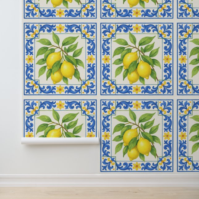 Papier Peint Carreau Bleu Méditerranéen Citron (Application)