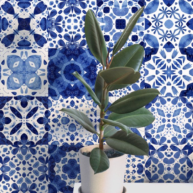 Papier Peint Carreau d'eau méditerranéen bleu blanc (Mediterranean blue and white tile pattern watercolor peel and stick wallpaper)