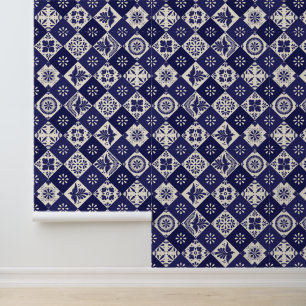 Papier Peint Carreaux de Talavera Mexicains Beige Indigo Foncé