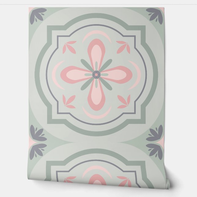 Papier Peint Carreaux Floraux Pastel Vert (Déroulement)