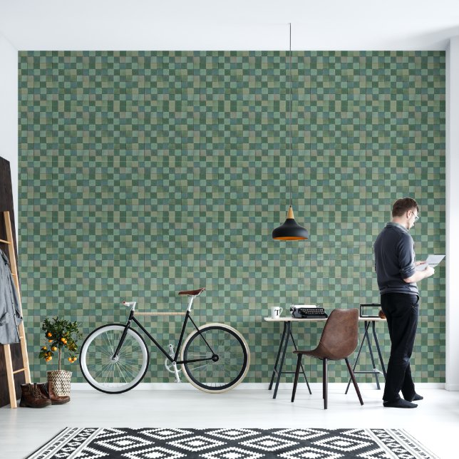 Papier Peint Carreaux géométriques verts motif Vinyl Wallpaper (Salon)