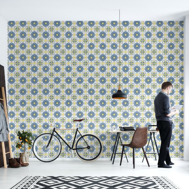 Papier Peint Carrelage bleu blanc (Salon)