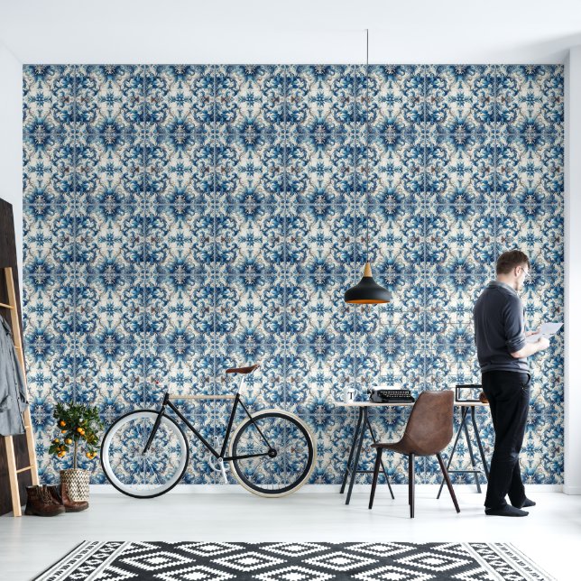 Papier Peint Carrelage bleu et blanc (Salon)