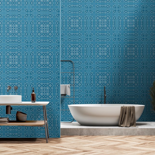 Papier Peint Carrelage bleu ornemental Motif - Géométrique comp (Salle de bain)
