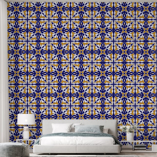 Papier Peint Carrelage marocain Motif Bleu Jaune Forme Bohème (Chambre à coucher)