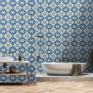 Papier Peint Carrelage méditerranéen Motif Floral Bleu Jaune